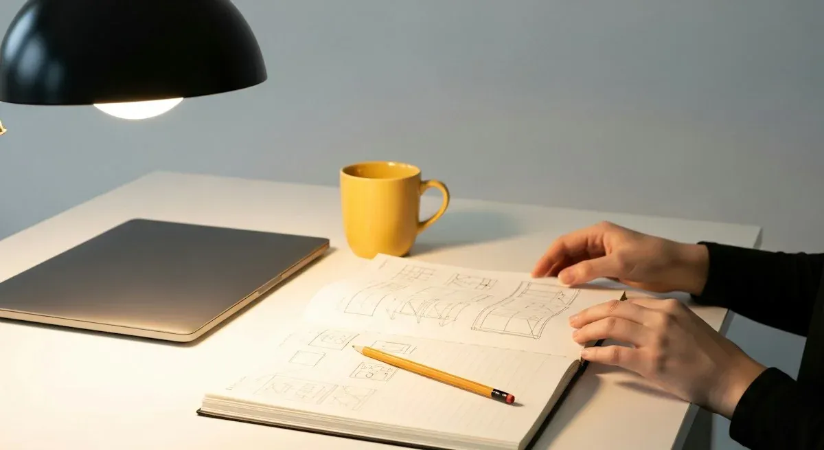 A notebook, a pencil, and a yellow mug on a sunlit desk.