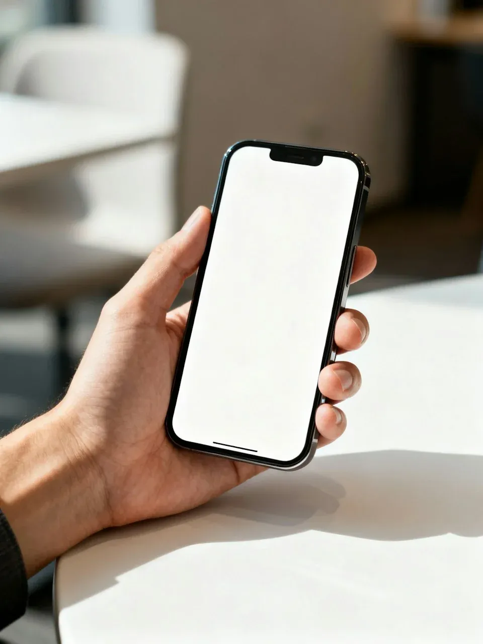 A hand holding a smartphone with a blank white screen.