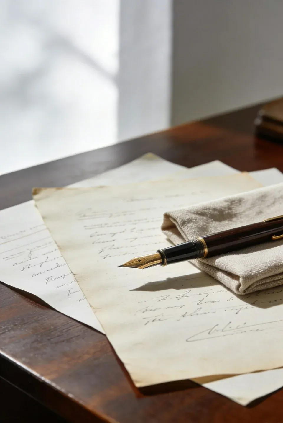 Handwritten pages and a fountain pen on a wooden desk.